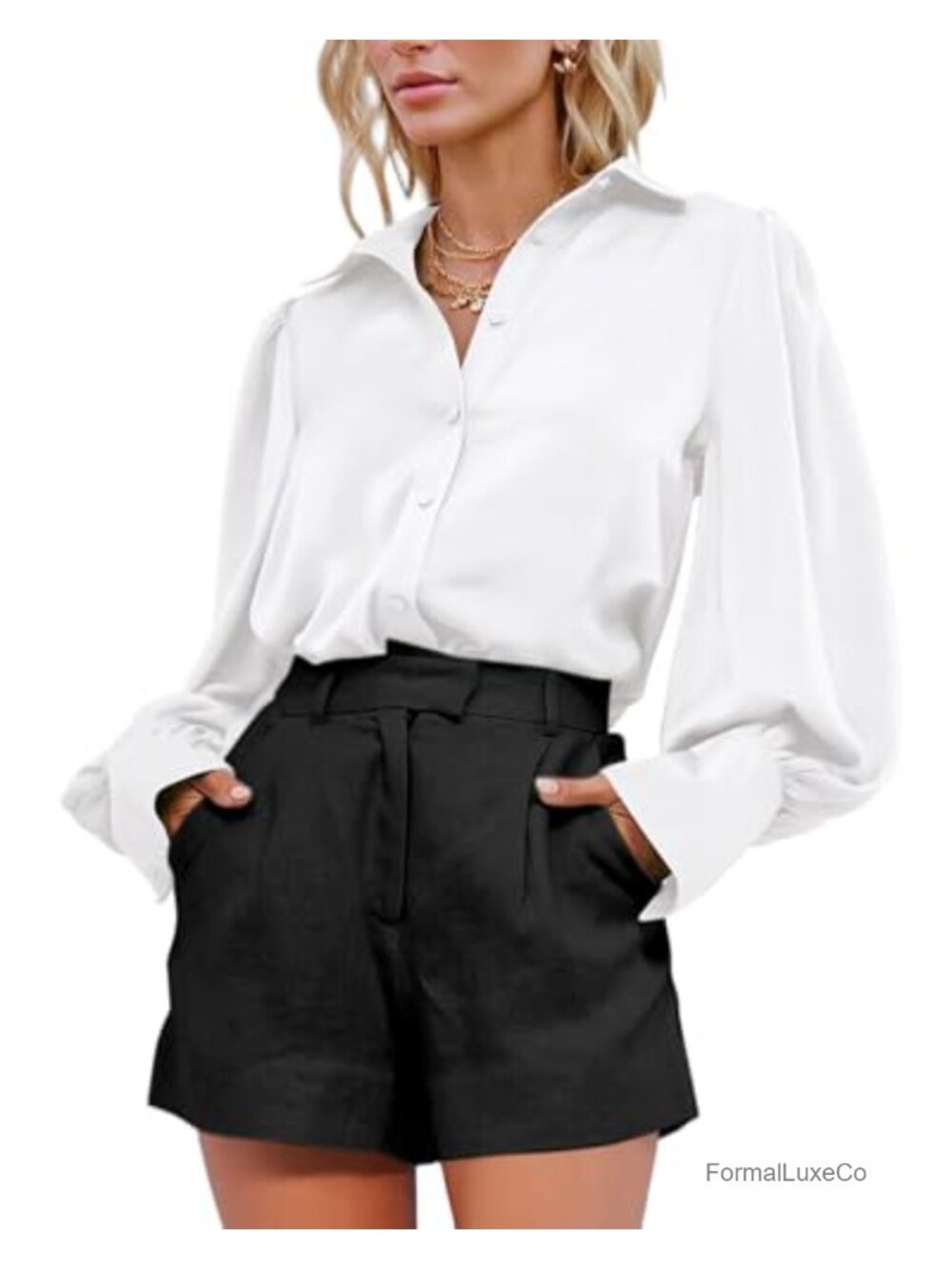 Satin Silk-Like Button Down Blouse Puff Sleeve Work Top